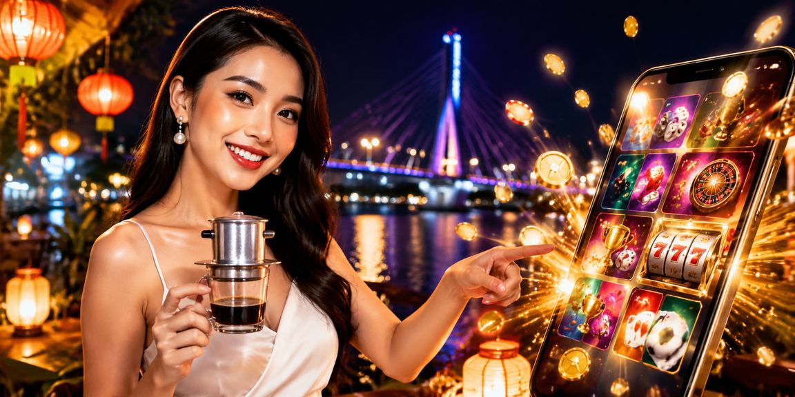 Người dùng Hội An uống cà phê và theo dõi casino di động trong không gian phố cổ yên tĩnh