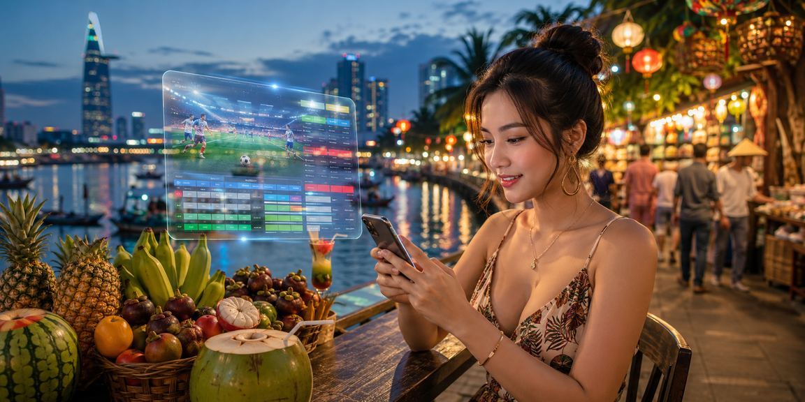 Người chơi casino di động tại bãi biển Sài Gòn dưới ánh đèn buổi tối rực rỡ
